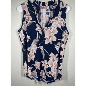 SjS Floral Print Sleeveless Blouse Top Navy Blue Peach Casual Feminine Womens